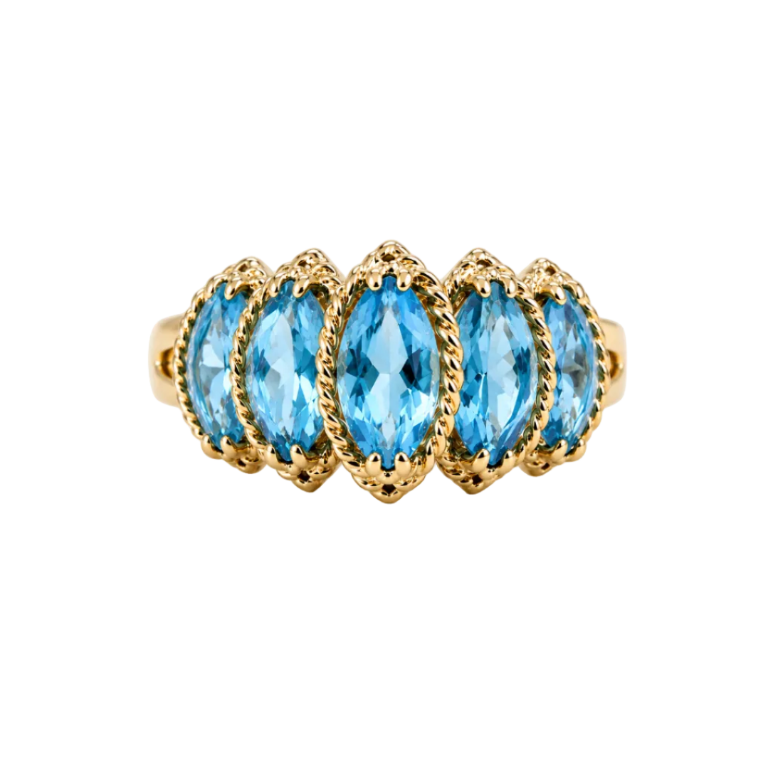 14K Yellow Gold Five-Stone Marquise Blue Topaz Ring, T:1.62ct