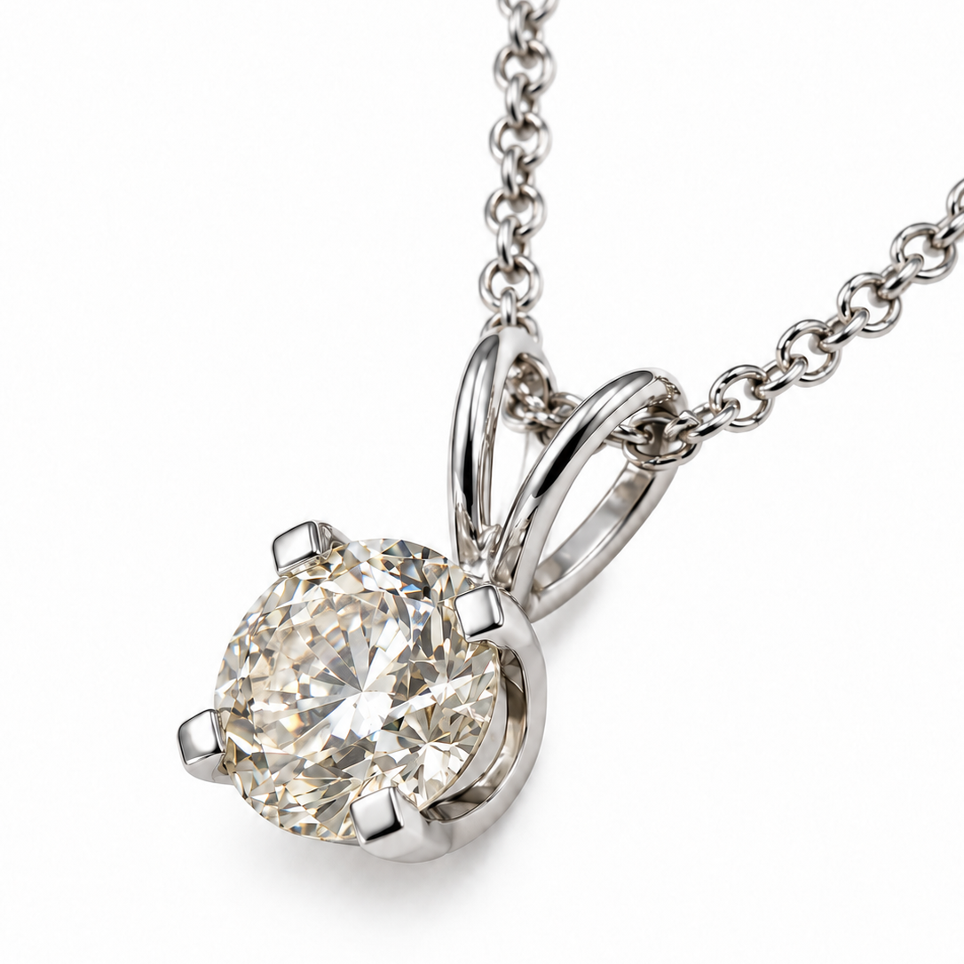14K White Gold Round Diamond Solitaire Pendant Necklace 0.47ct 17" - four-prong setting side view