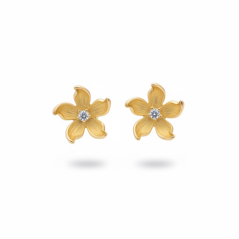 Yellow Gold Textured Five-Petal Flower Gold Stud Earrings with Cubic Circonia Accent