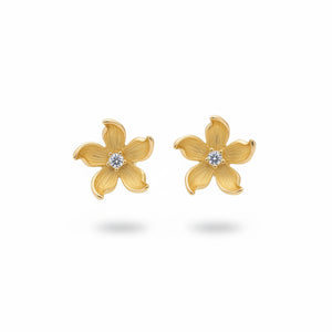 Yellow Gold Textured Five-Petal Flower Gold Stud Earrings with Cubic Circonia Accent