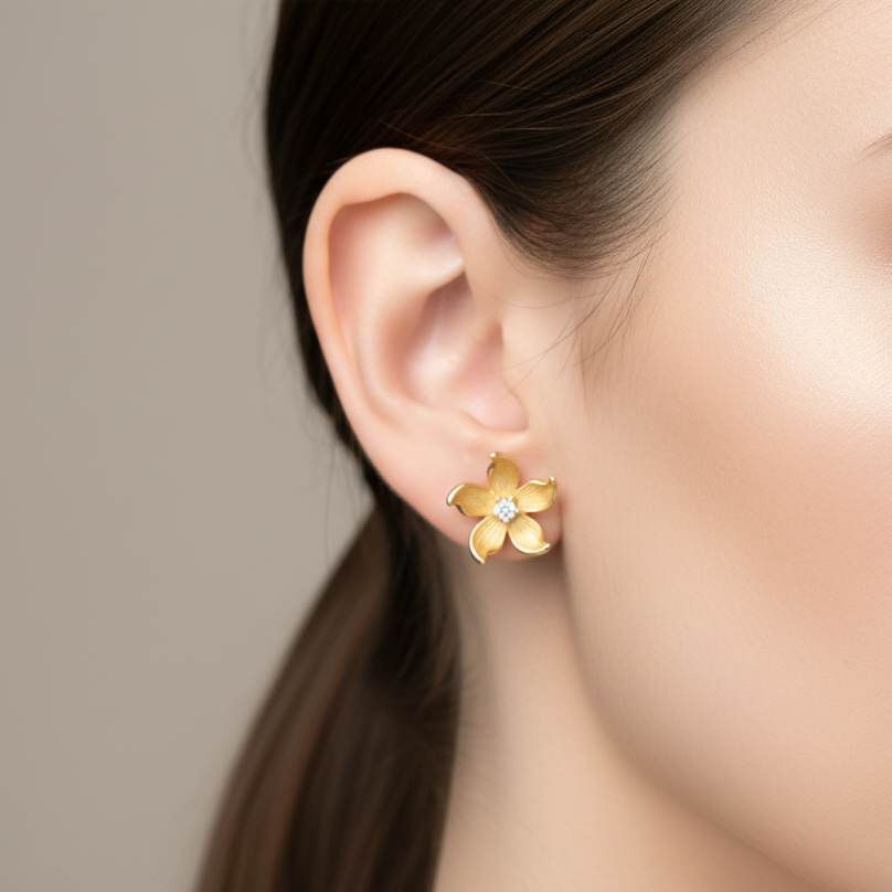 Yellow Gold Textured Five-Petal Flower Gold Stud Earrings with Cubic Circonia Accent