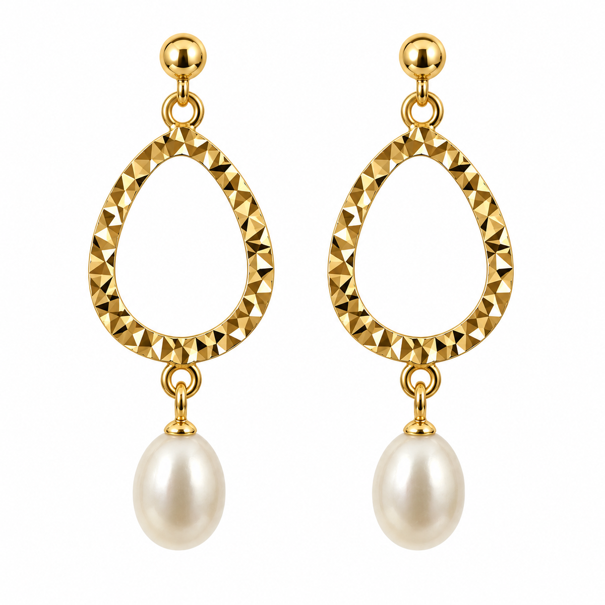 18K Yellow Gold Diamond-Cut Open Teardrop Pearl Drop Earrings