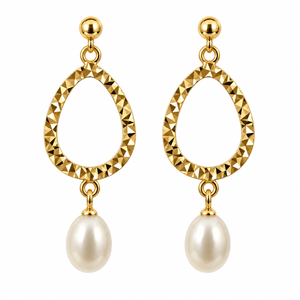 18K Yellow Gold Diamond-Cut Open Teardrop Pearl Drop Earrings