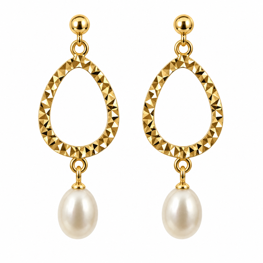 18K Yellow Gold Diamond-Cut Open Teardrop Pearl Drop Earrings