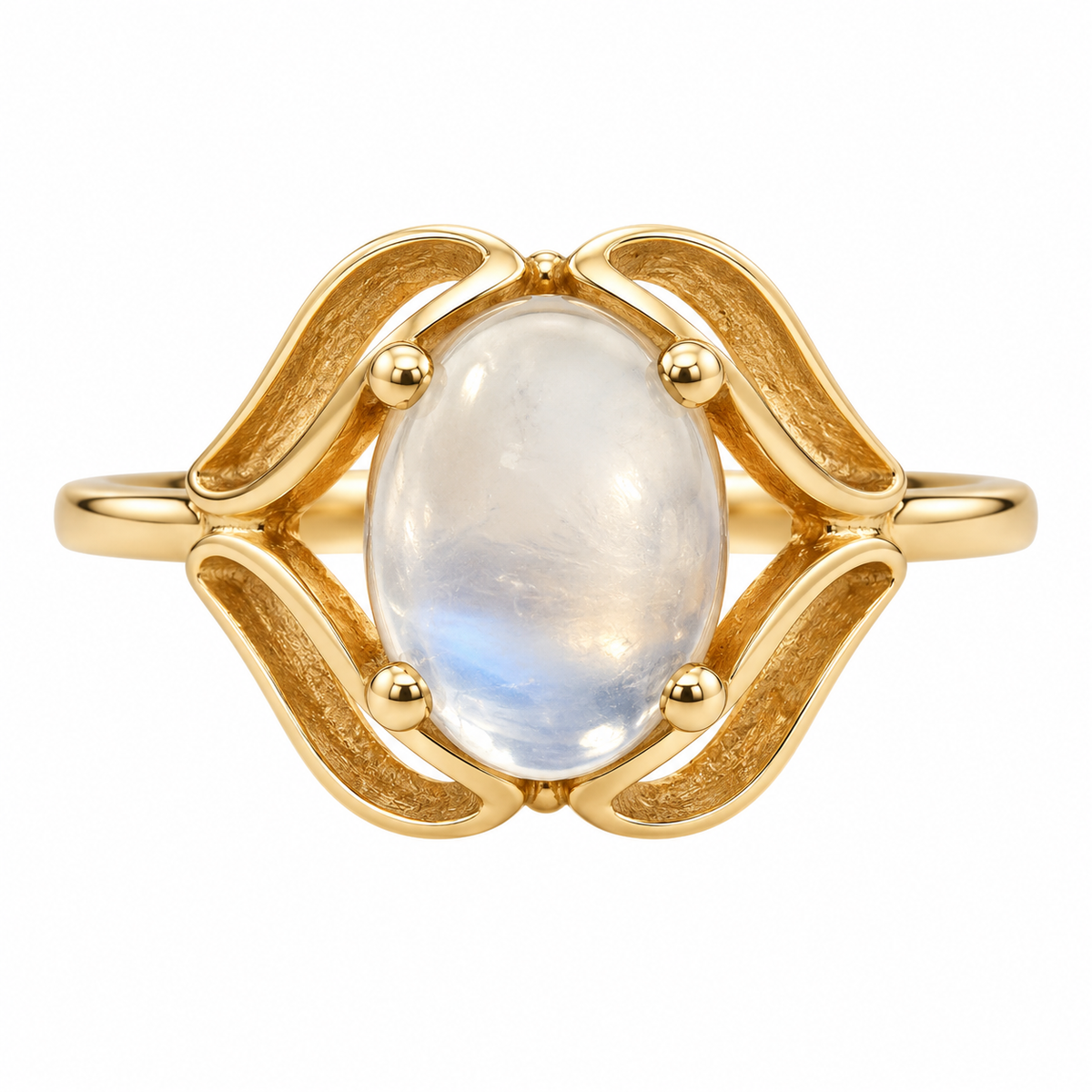 14K Yellow Gold Vintage Oval Moonstone Floral Openwork Ring