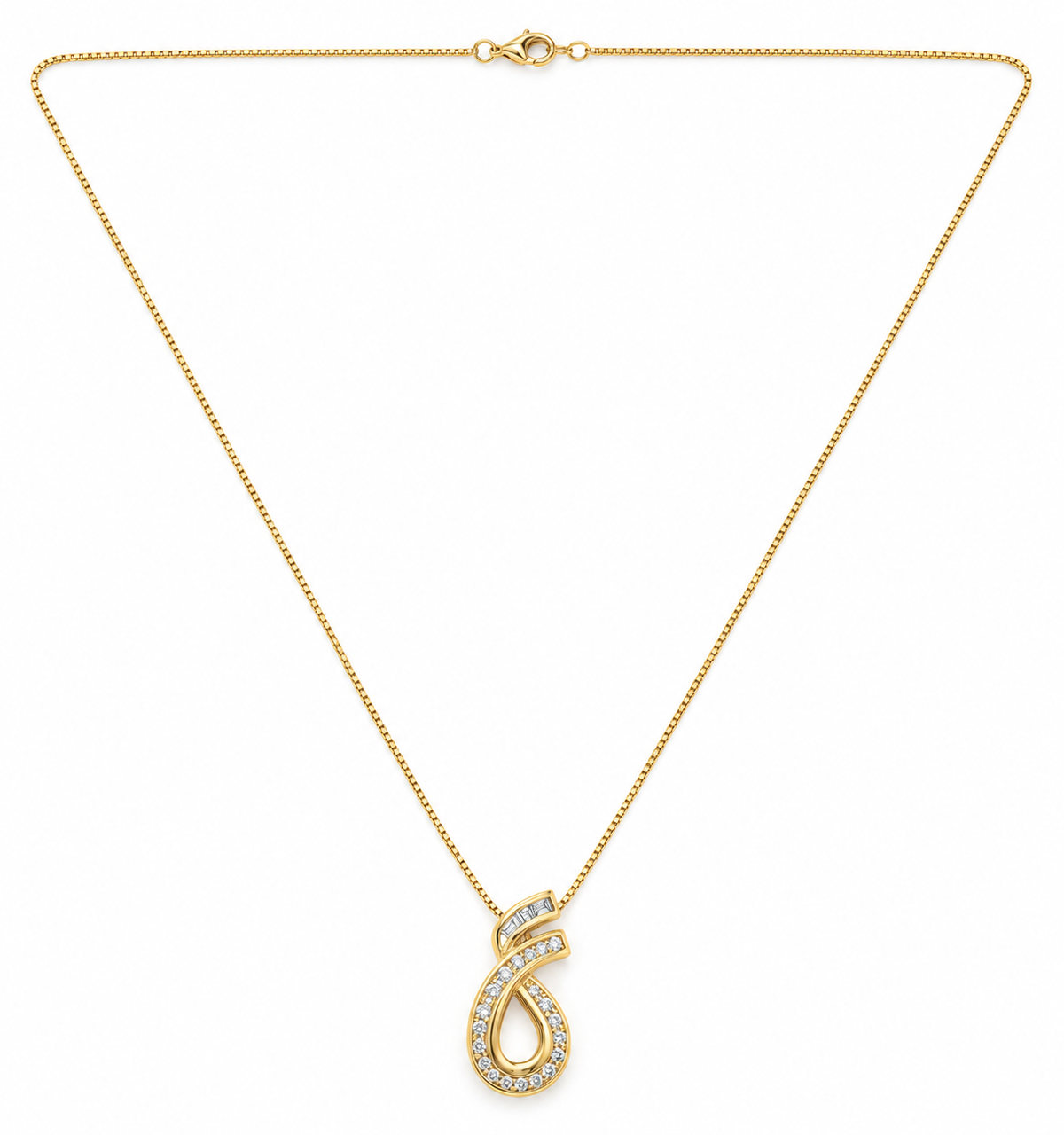 Vintage 18K Yellow Gold Diamond Swirl Teardrop Pendant Necklace 0.30ct - full necklace with box chain and lobster clasp on white