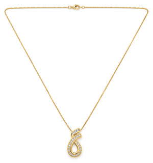 Vintage 18K Yellow Gold Diamond Swirl Teardrop Pendant Necklace 0.30ct - full necklace with box chain and lobster clasp on white