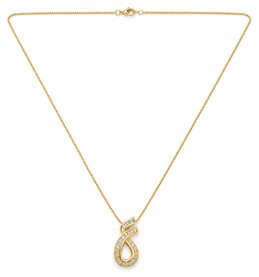 Vintage 18K Yellow Gold Diamond Swirl Teardrop Pendant Necklace 0.30ct - full necklace with box chain and lobster clasp on white