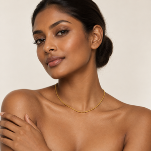 18K Yellow Gold Rope Chain Necklace 17" 1.81mm - worn on model at the base of the neck