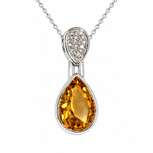 14K White Gold Pear Citrine and Diamond Pendant Pavé Bail