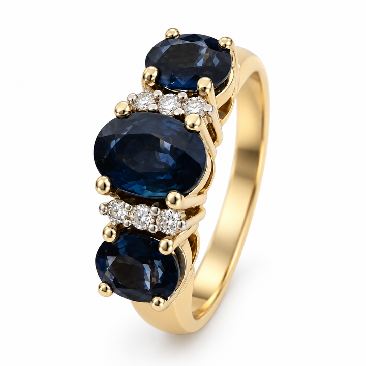 14K Two-Tone Gold Vintage Three-Stone Oval Sapphire & Diamond Ring