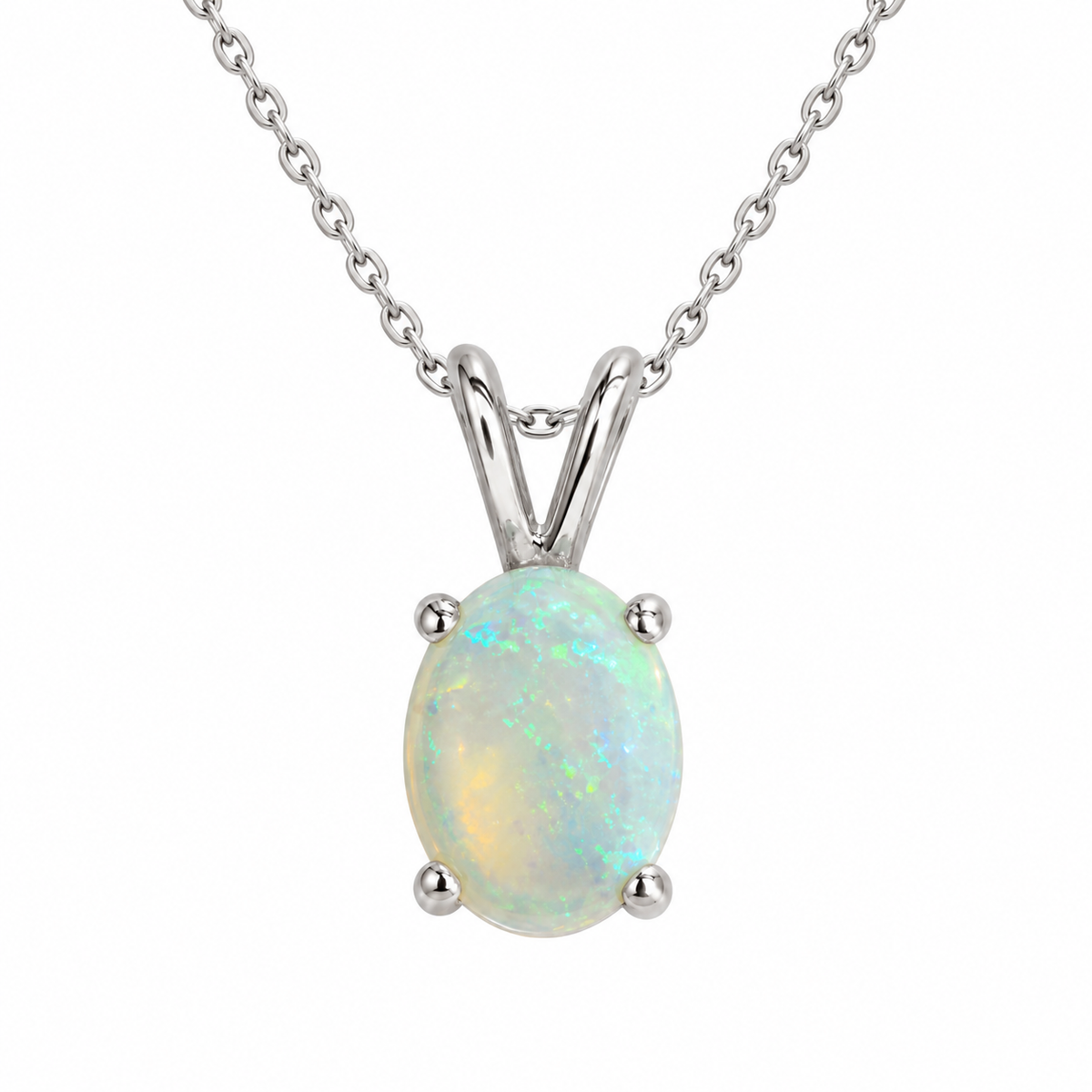 14K White Gold Oval Opal Solitaire Pendant