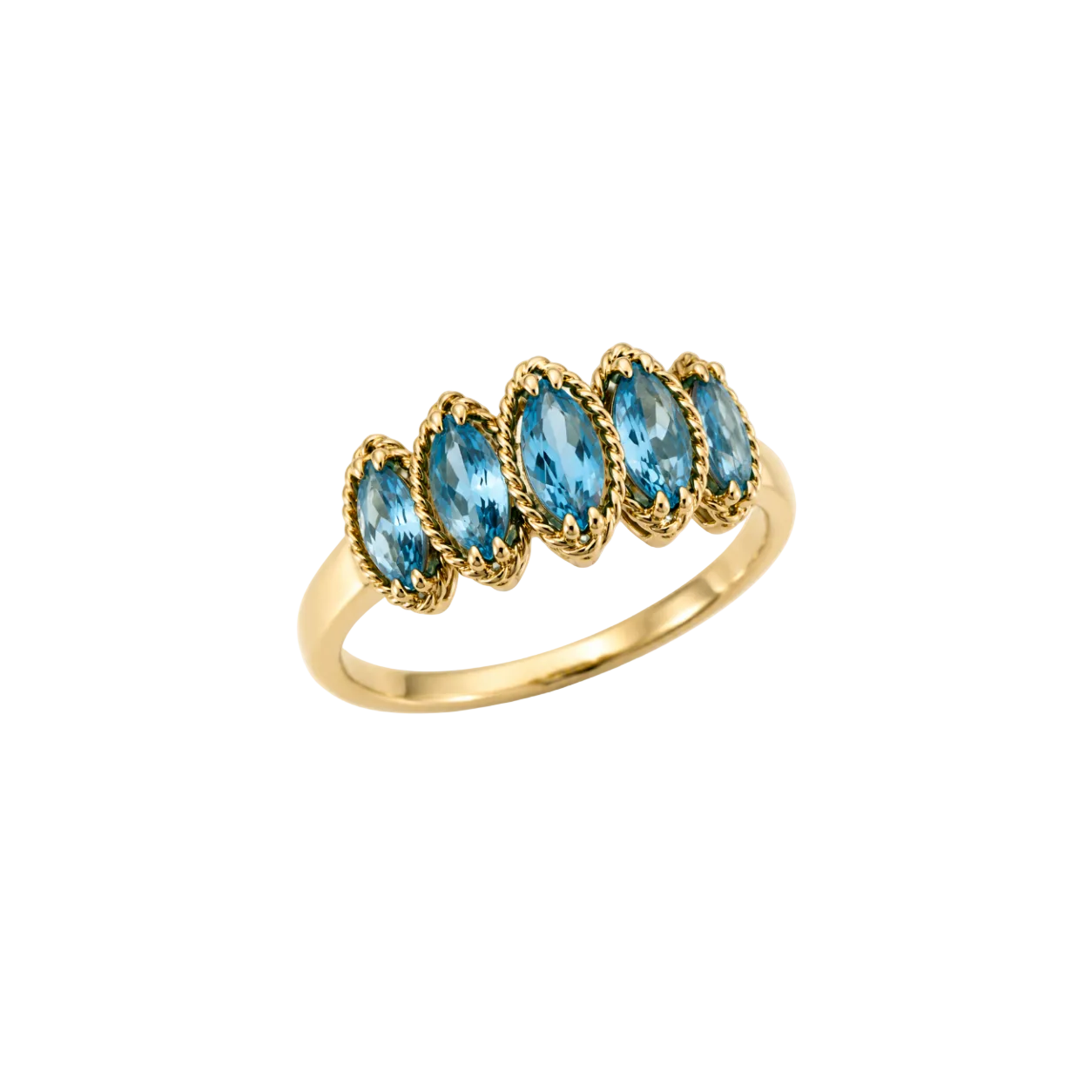 14K Yellow Gold Five-Stone Marquise Blue Topaz Ring, T:1.62ct