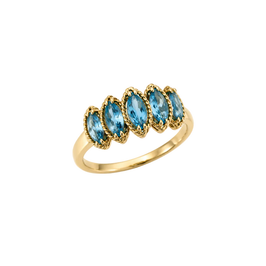 14K Yellow Gold Five-Stone Marquise Blue Topaz Ring, T:1.62ct