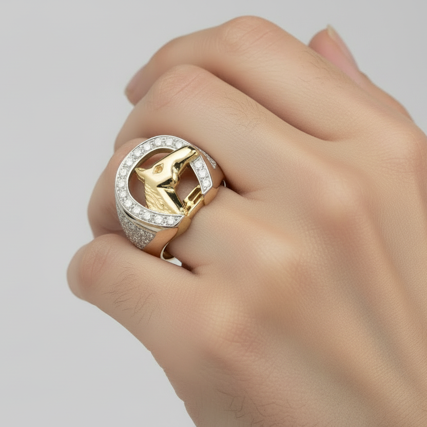 Yellow Gold Ring with Horse and Horseshoe setting with 47 Natural Round Diamonds, TDW: 0.47ct, SI, GH, 18k, 15.91gr