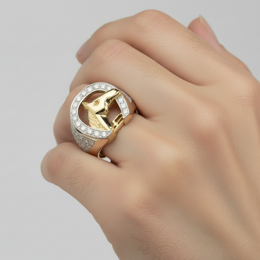 Yellow Gold Ring with Horse and Horseshoe setting with 47 Natural Round Diamonds, TDW: 0.47ct, SI, GH, 18k, 15.91gr