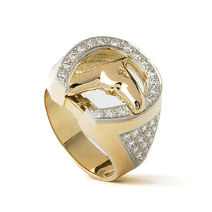 Yellow Gold Ring with Horse and Horseshoe setting with 47 Natural Round Diamonds, TDW: 0.47ct, SI, GH,18k , 15.91gr