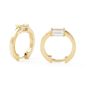 Yellow Gold Hoop Earrings setting with one Diamond in Baguette cut on the side, TDW: 0.14ct, SI, GH, 14k