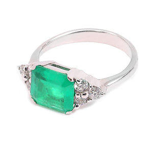 18K White Gold Emerald Cut Natural Emerald and Diamond Ring. E: 1.60ct. TDW: 0.24ct. SI GH