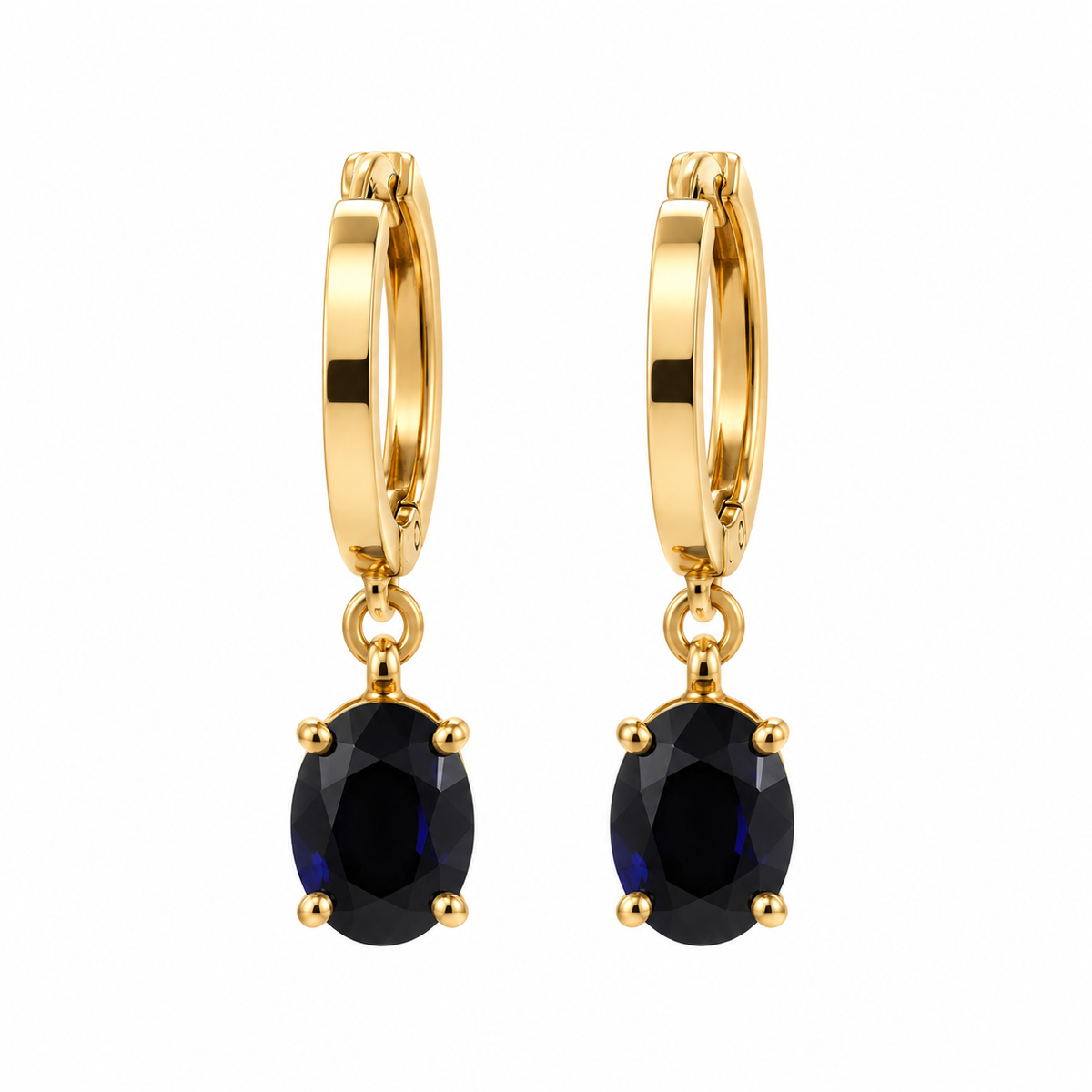 14K Yellow Gold Natural Oval Sapphire Hoop Drop Earrings