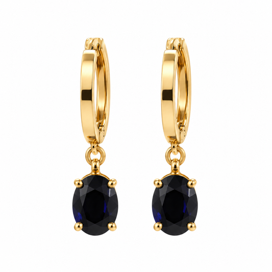 14K Yellow Gold Natural Oval Sapphire Hoop Drop Earrings