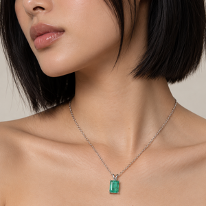 14K White Gold Emerald-Cut Emerald Four-Prong Solitaire Pendant