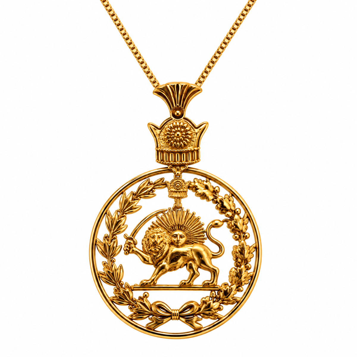 18K Yellow Gold Persian Lion & Sun Crowned Medallion Pendant