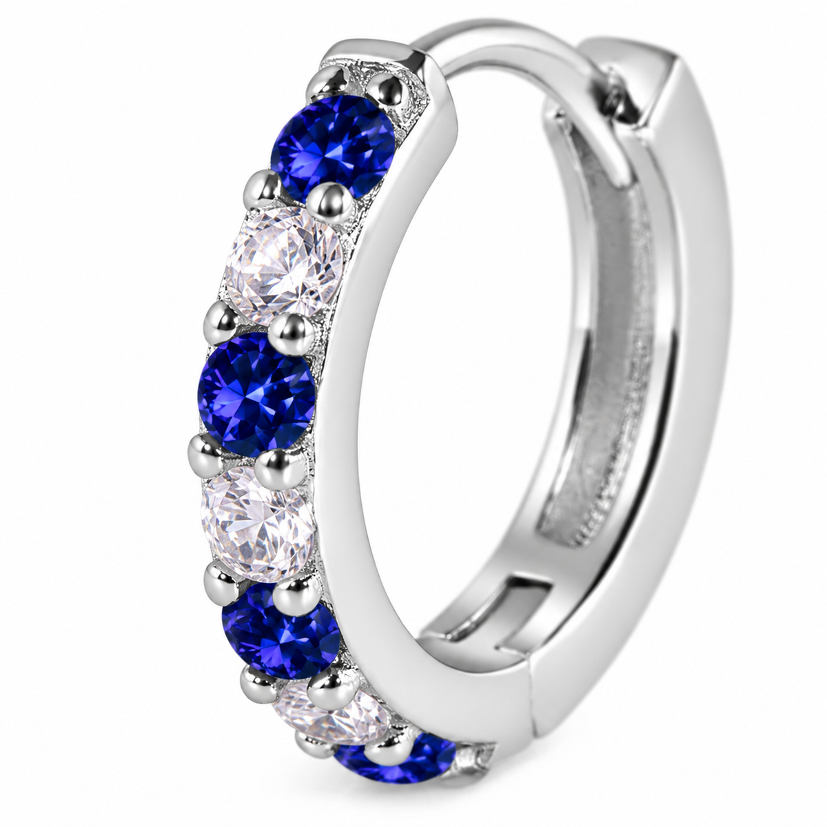 925 Sterling Silver Blue & Clear CZ Huggie Earrings