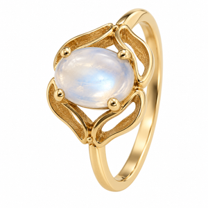 14K Yellow Gold Vintage Oval Moonstone Floral Openwork Ring