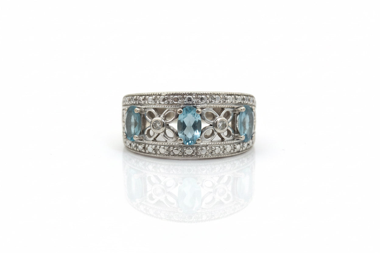 14k White Gold Blue Topaz Diamond Band Ring