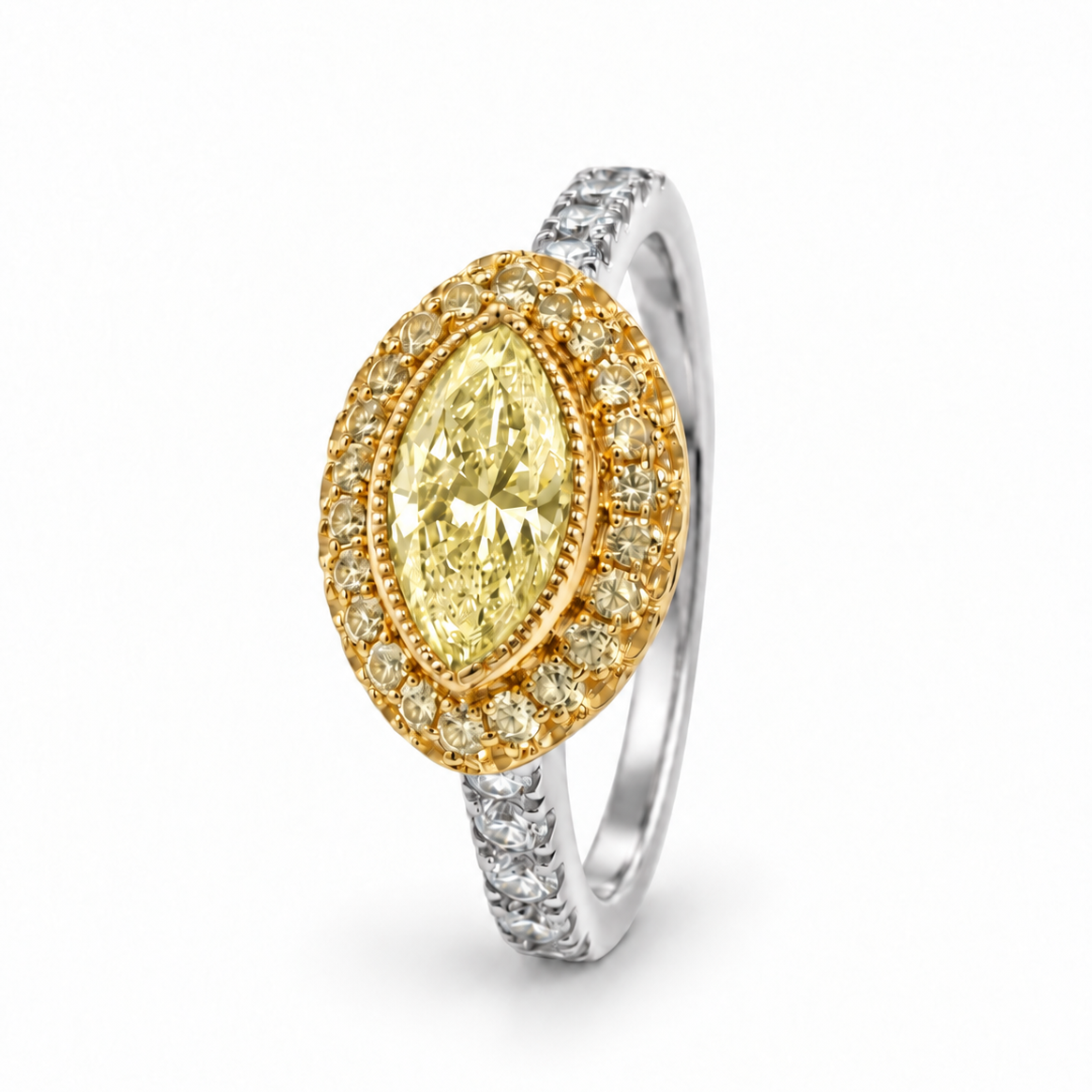18K Yellow Diamond Marquise Halo Engagement Ring