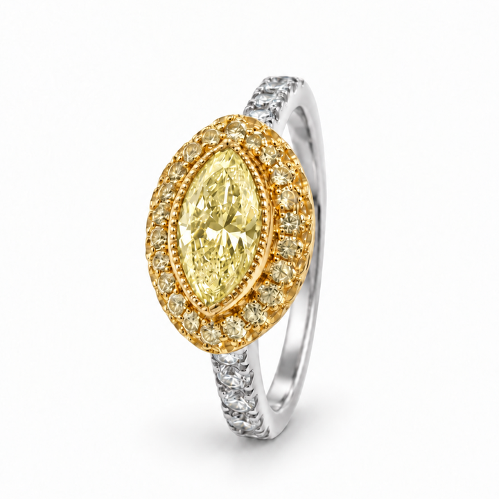 18K Yellow Diamond Marquise Halo Engagement Ring