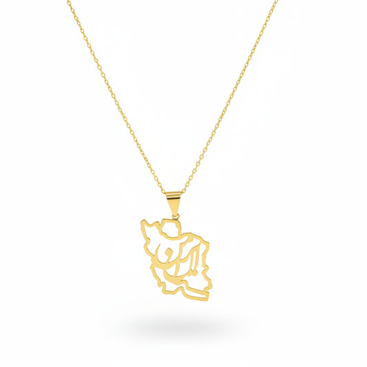 18K Yellow Gold Iran Map Pendant with Persian Calligraphy