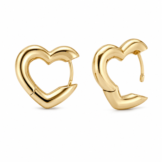 14K Yellow Gold Open Heart Hoop Earrings 15mm