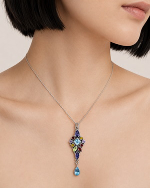 Sterling Silver Multi-Gemstone Pendant Necklace 2"
