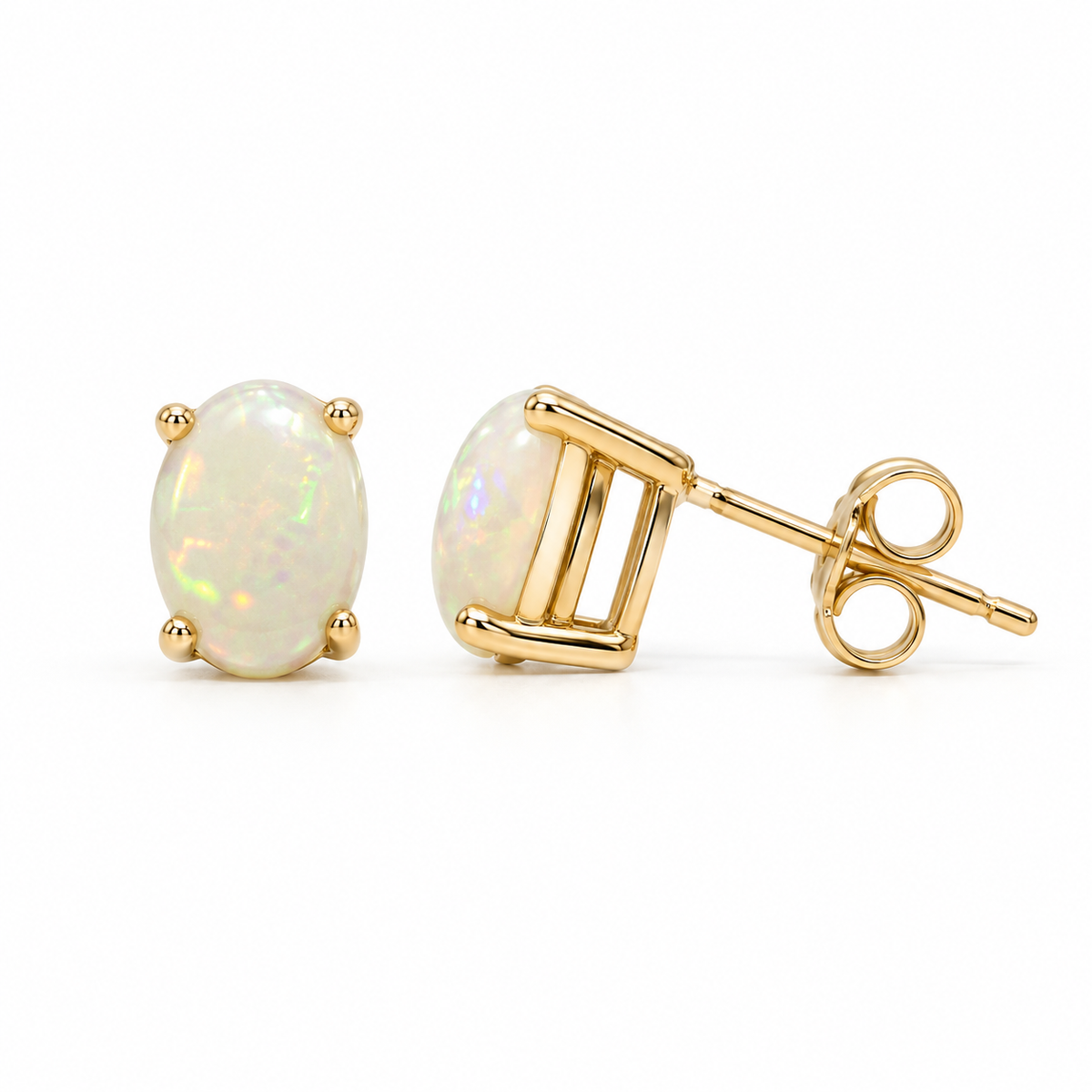 14K Yellow Gold Natural Opal Stud Earrings - front and profile view