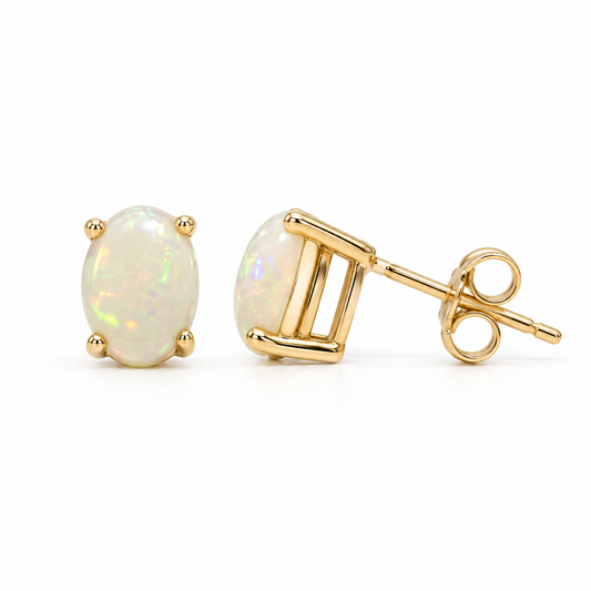14K Yellow Gold Natural Opal Stud Earrings - front and profile view