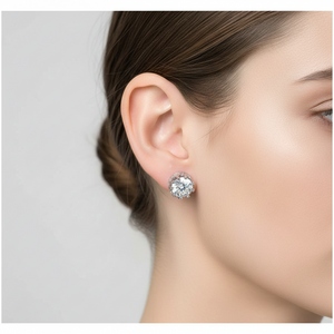 Sterling Silver Rhodium-Plated Sterling Silver Round Crown Basket Clear CZ Stud Earrings