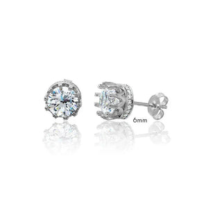 Sterling Silver Rhodium-Plated Sterling Silver Round Crown Basket Clear CZ Stud Earrings