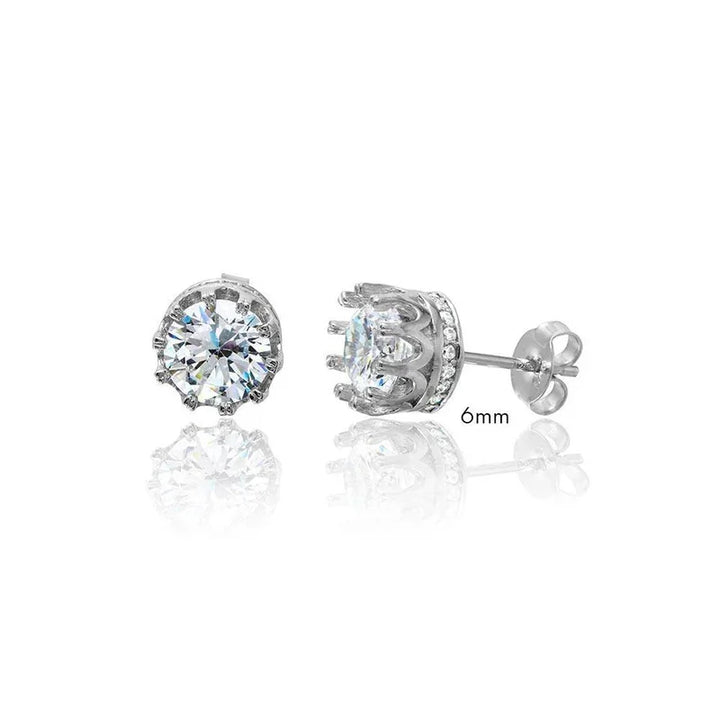 925 Sterling Silver Round Crown Basket Clear CZ Stud Earrings