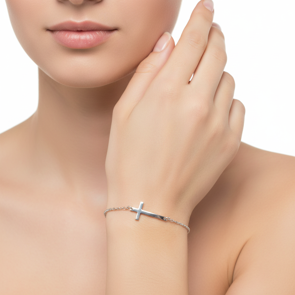 925 Sterling Silver Rhodium Plated Horizontal Cross Bracelet