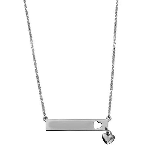 925 Sterling Silver  Rhodium Plated Bar Pendant Necklace with Heart Charm