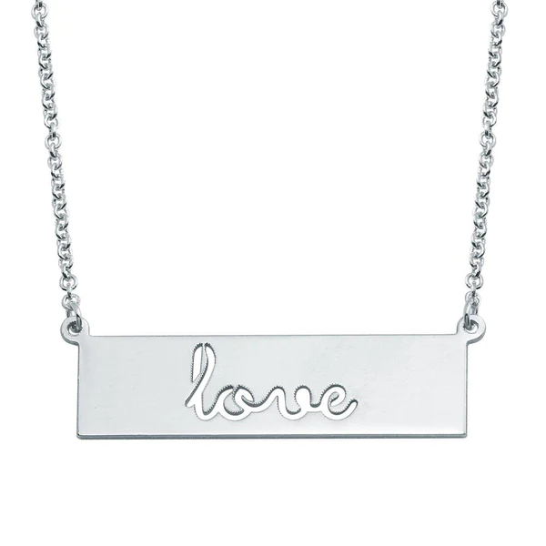 Silver Rhodium Plated Love Engraved Bar Necklace