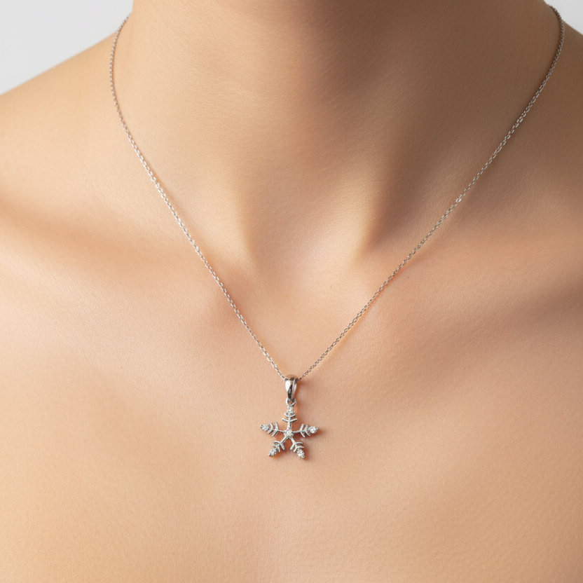 14k White Gold Diamond Snowflake Pendant Necklace