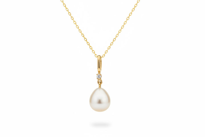 18K Yellow Gold Single Pearl Drop with One Natural Diamond Pendant