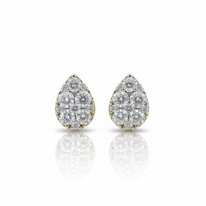 IGI Certified Yellow Gold Pear-Shaped Diamond Cluster Stud Earrings 18k