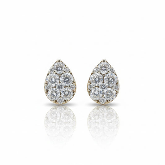 IGI Certified Yellow Gold Pear-Shaped Diamond Cluster Stud Earrings 18k