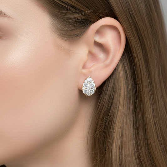 18K IGI Certified Yellow Gold Pear – Shaped Diamond Cluster Stud Earrings