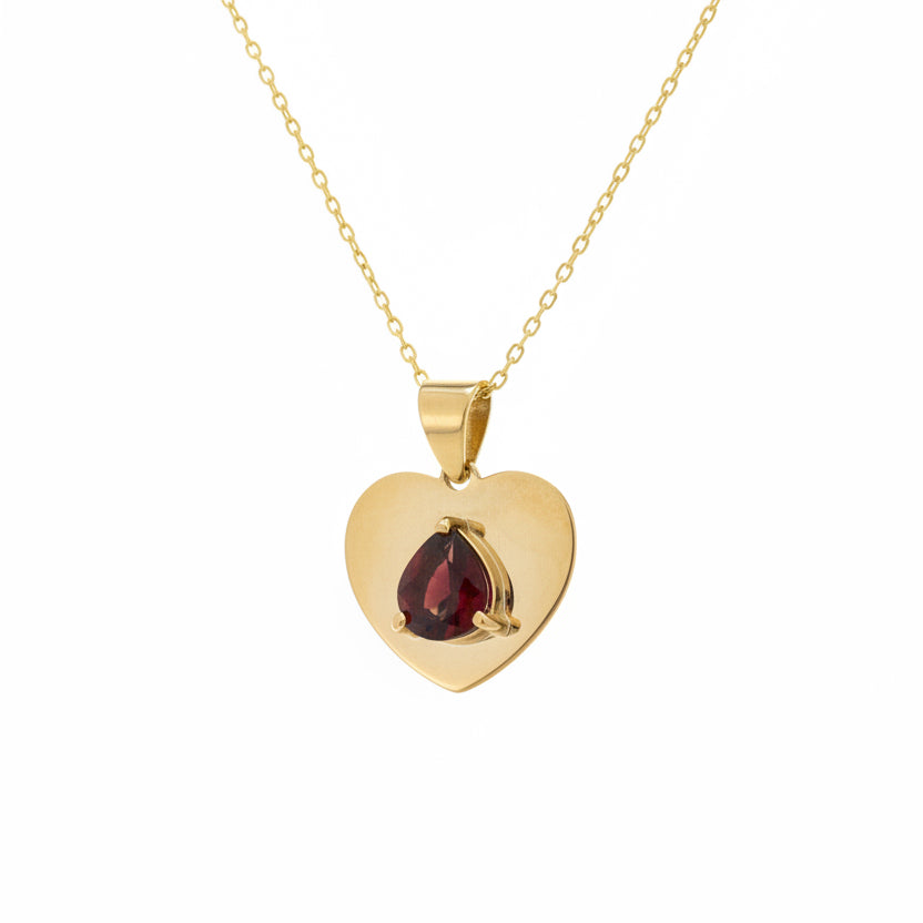 18K Yellow Gold Garnet Heart Pendant Necklace