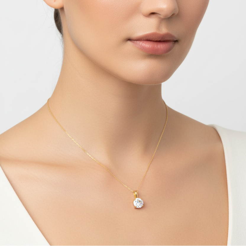 14K Yellow Gold Round CZ Solitaire Pendant Necklace